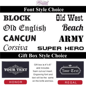 Może przedstawiać: Tabela styl&oacute;w czcionek z ośmioma opcjami: BLOCK, Old West, Old English, Beach, CANCUN, ARMY, Corsiva i SUPER HERO. Poniżej przedstawiono dwa style pudełek prezentowych, HONOR i REGAL, o wymiarach 10 cm x 15 cm z piankowymi wkładkami.