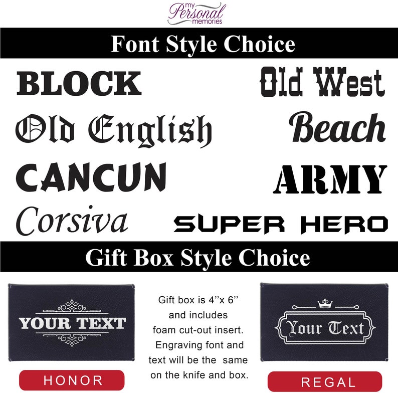 Może przedstawiać: Tabela styl&oacute;w czcionek z ośmioma opcjami: BLOCK, Old West, Old English, Beach, CANCUN, ARMY, Corsiva i SUPER HERO. Poniżej przedstawiono dwa style pudełek prezentowych, HONOR i REGAL, o wymiarach 10 cm x 15 cm z piankowymi wkładkami.