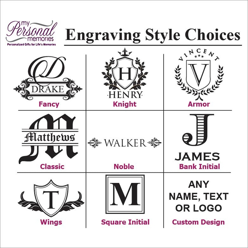 Pode incluir: Imagem mostrando op&ccedil;&otilde;es de estilo de grava&ccedil;&atilde;o para presentes personalizados. As op&ccedil;&otilde;es incluem "Fancy", "Knight", "Armor", "Classic", "Noble", "Bank Initial", "Wings", "Square Initial" e "Custom Design" com texto e logotipos.