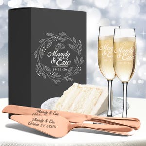 Personalized Wedding Flute and Cake Serving Set, Custom Engraved Flute and Cake Cutting Set, Toasting Flutes and Cake Server Sets image 7