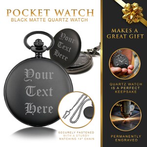 Engraved Pocket Watch, Customized Pocket Watch with Chain, Custom Pocket Watch, Black Pocket Watch, Your Text Personalized Pocket Watch Bild 2