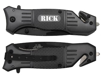 Rescue Knife, Personalized Pocket Knife, Engraved Pocket Knife, Groomsmen Gift Knife, Groomsman Knife, Custom Knives Gunmetal Tactical Knife