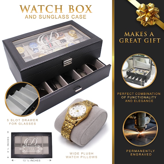 Watch Box Case & Mens Jewelry Box Organizer with 3 Sunglasses