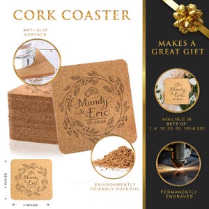 May include: A set of 4 inch cork coasters with a personalized design featuring a wreath with two rings and the text "Mandy & Eric 07-30-24". The coasters are made from environmentally friendly material and are permanently engraved.