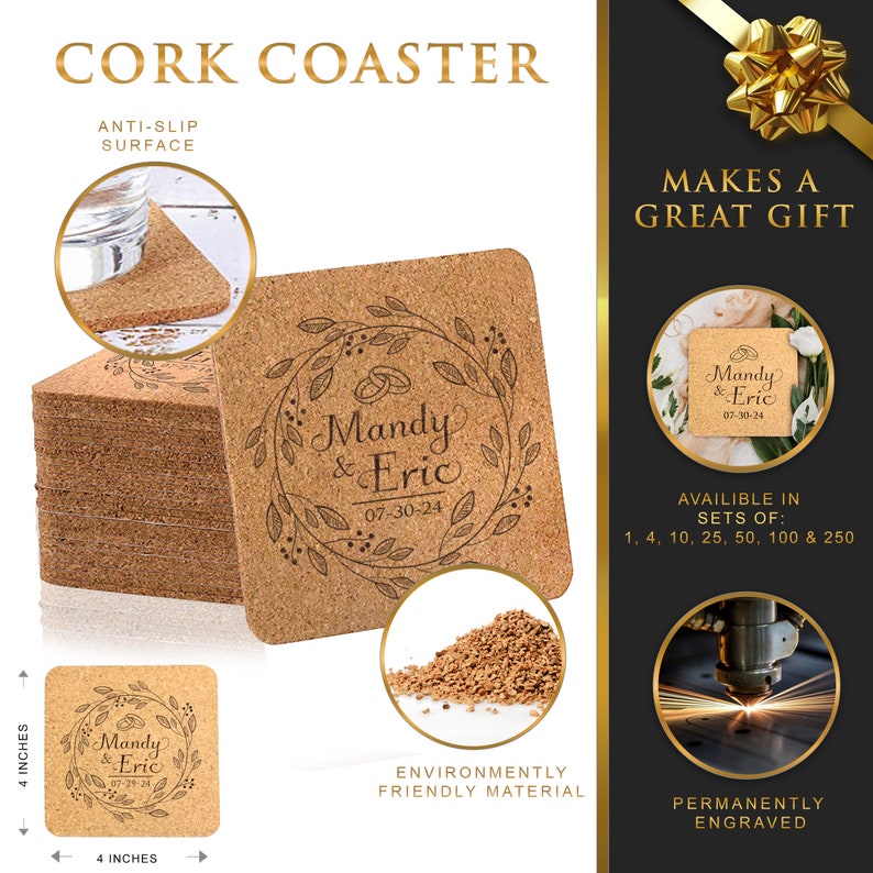 May include: A set of 4 inch cork coasters with a personalized design featuring a wreath with two rings and the text "Mandy & Eric 07-30-24". The coasters are made from environmentally friendly material and are permanently engraved.