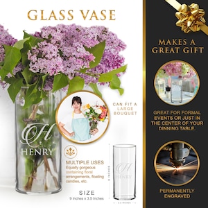 May include: A clear glass vase with the name "HENRY" engraved on the front. The vase is 9 inches tall and 3.5 inches wide, perfect for floral arrangements. The image shows a bouquet of purple flowers inside the vase, with the words "GLASS VASE" at the top.
