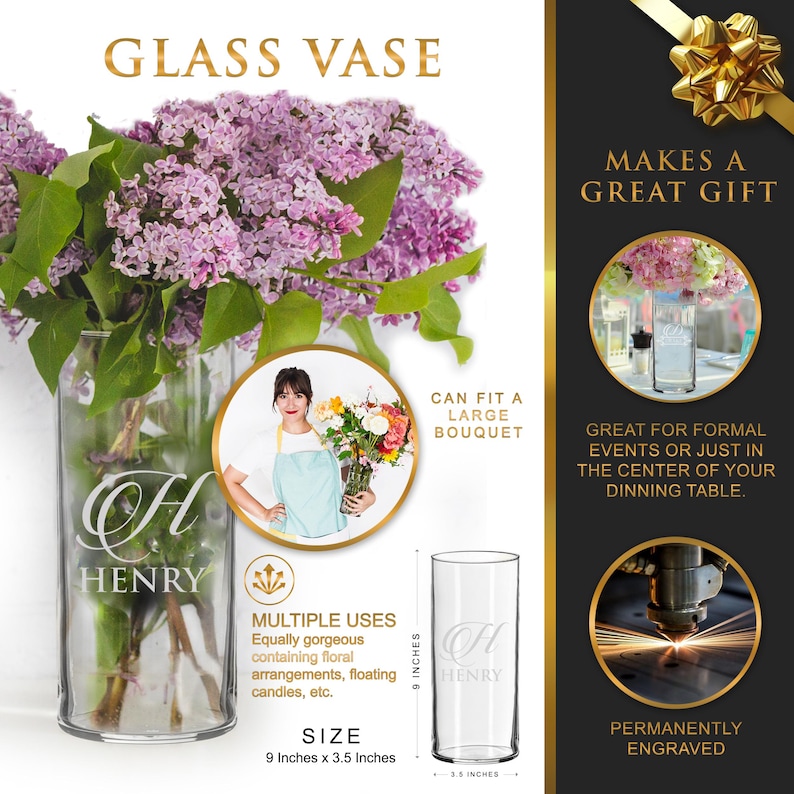 May include: A clear glass vase with the name "HENRY" engraved on the front. The vase is 9 inches tall and 3.5 inches wide, perfect for floral arrangements. The image shows a bouquet of purple flowers inside the vase, with the words "GLASS VASE" at the top.