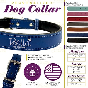 Op de afbeelding: Een blauwe gepersonaliseerde hondenhalsband met de naam "Bella" en een telefoonnummer. De halsband is verkrijgbaar in verschillende kleuren en drie maten: Medium (33-43 cm), Large (43-53 cm) en Extra Large (51-64 cm).