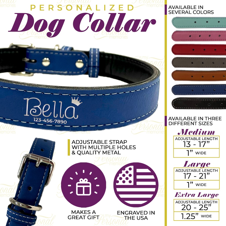 Op de afbeelding: Een blauwe gepersonaliseerde hondenhalsband met de naam "Bella" en een telefoonnummer. De halsband is verkrijgbaar in verschillende kleuren en drie maten: Medium (33-43 cm), Large (43-53 cm) en Extra Large (51-64 cm).