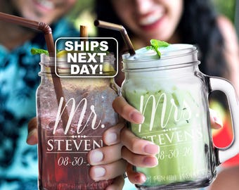 Personalized Mr & Mrs Mason Jar Set, Anniversary Gift