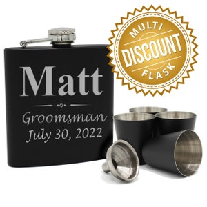 Custom Engraved Design with Gift Box Monogrammed Groomsmen Gift Set of 10 Personalized Black Stainless Steel Hip Flasks 7 ounce