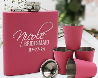 Flask Sets For Bridesmaids, Personalized Pink Flask Set, Gifts For Bridesmaids, Bridal Party Flask Set, Maid of Honor Flask, Flask for Girls