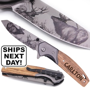 Personalized Folding Knife with Pocket Clip, Custom Engraved Pocket Knife with Belt Clip, Customized Hunting Fishing Knife for Dad Elk Blade