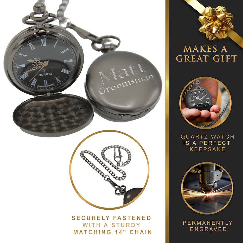 Personalized Gunmetal Pocket Watch Groomsmen Gift Fathers Day Gift Wedding Party Gift Engraved, Customized, Monogrammed for Free image 3