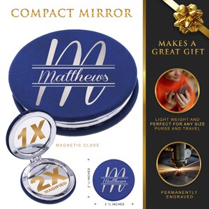 May include: A round, navy blue compact mirror featuring a silver-toned letter M and the name Matthews engraved on the lid. The mirror opens to reveal a 1X and 2X magnified surface with a magnetic closure. It measures 2.5 inches by 2.5 inches.