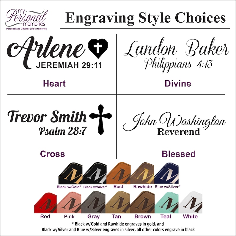 May include: Image showcasing engraving style choices for personalized gifts. Options include Heart, Divine, Cross, and Blessed, each with a sample name and scripture. Color swatches display engraving colors like red, pink, gray, tan, brown, teal, and white.