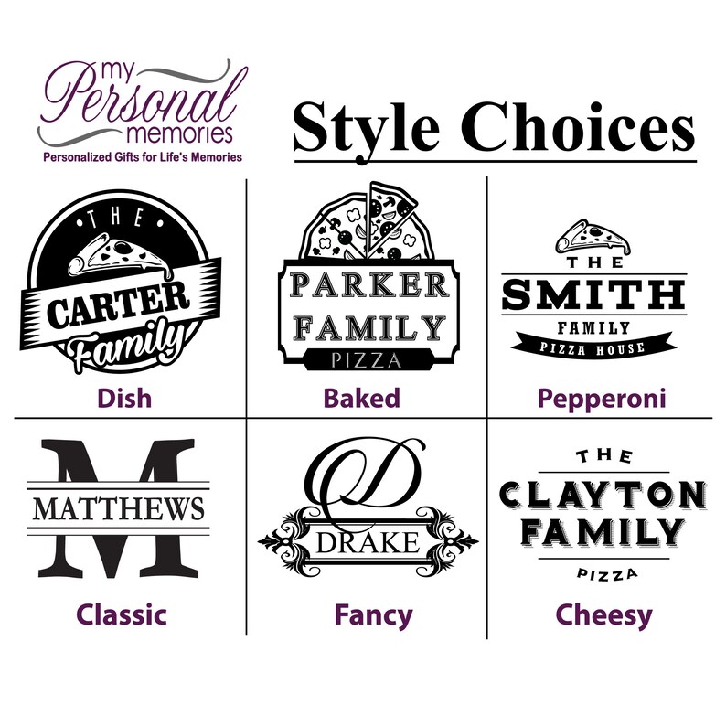 May include: Image featuring six design options for personalized gifts. Each design includes text and a pizza slice graphic. Styles include "Dish", "Baked", "Pepperoni", "Classic", "Fancy", and "Cheesy", with family names.