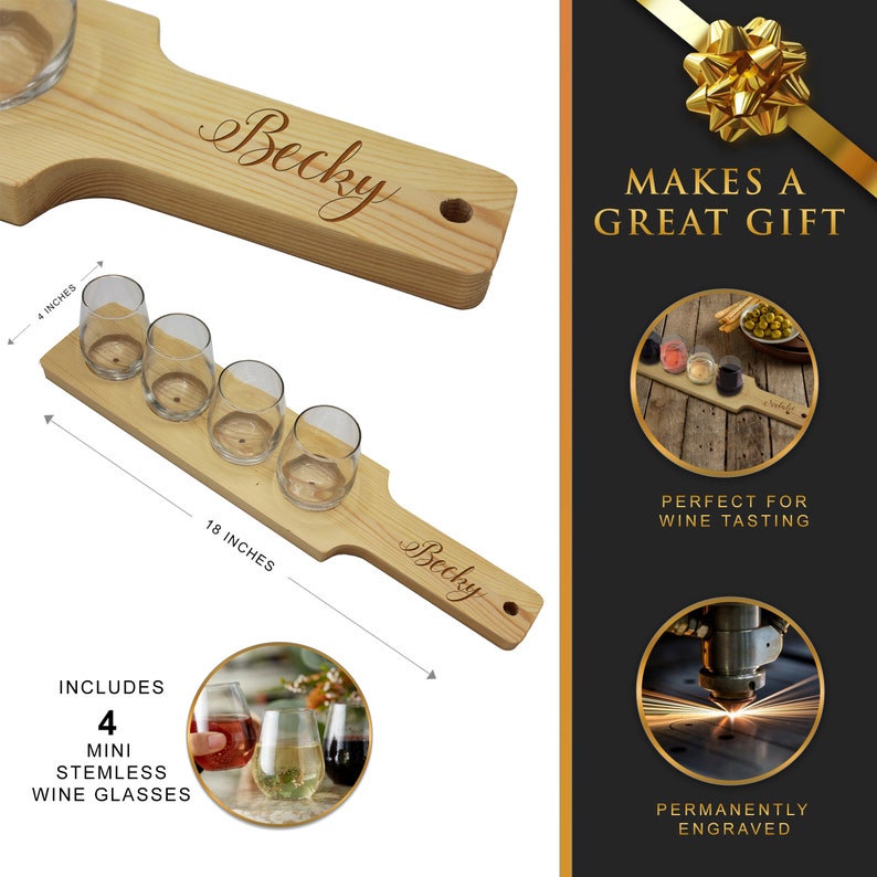 K&ouml;nnte beinhalten: Ein Wein-Flight-Board aus Holz mit vier Mini-Stielgl&auml;sern. Das Board ist 45,7 cm lang und 10,2 cm breit, mit dem eingravierten Namen "Becky". Das Bild enth&auml;lt auch den Text "MAKES A GREAT GIFT".