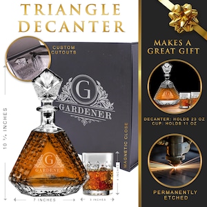 May include: A triangle decanter with a faceted glass stopper and a matching glass, both featuring a custom etched G GARDENER logo. The decanter is 10 3/4 inches tall and 7 inches wide, while the glass is 4 inches tall and 3 inches wide.