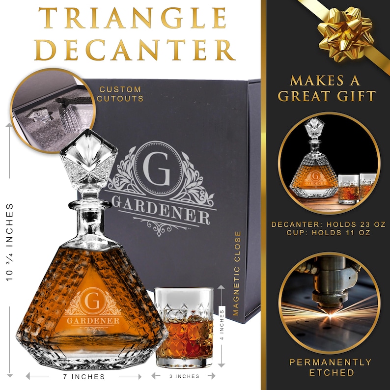 May include: A triangle decanter with a faceted glass stopper and a matching glass, both featuring a custom etched G GARDENER logo. The decanter is 10 3/4 inches tall and 7 inches wide, while the glass is 4 inches tall and 3 inches wide.