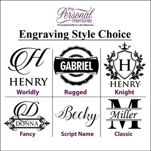 Pu&ograve; includere: Un grafico in bianco e nero intitolato Engraving Style Choice, che presenta sei diverse opzioni di caratteri e design etichettate come Worldly, Rugged, Knight, Fancy, Script Name e Classic, mostrando nomi come Henry, Gabriel, Donna, Becky e Miller.