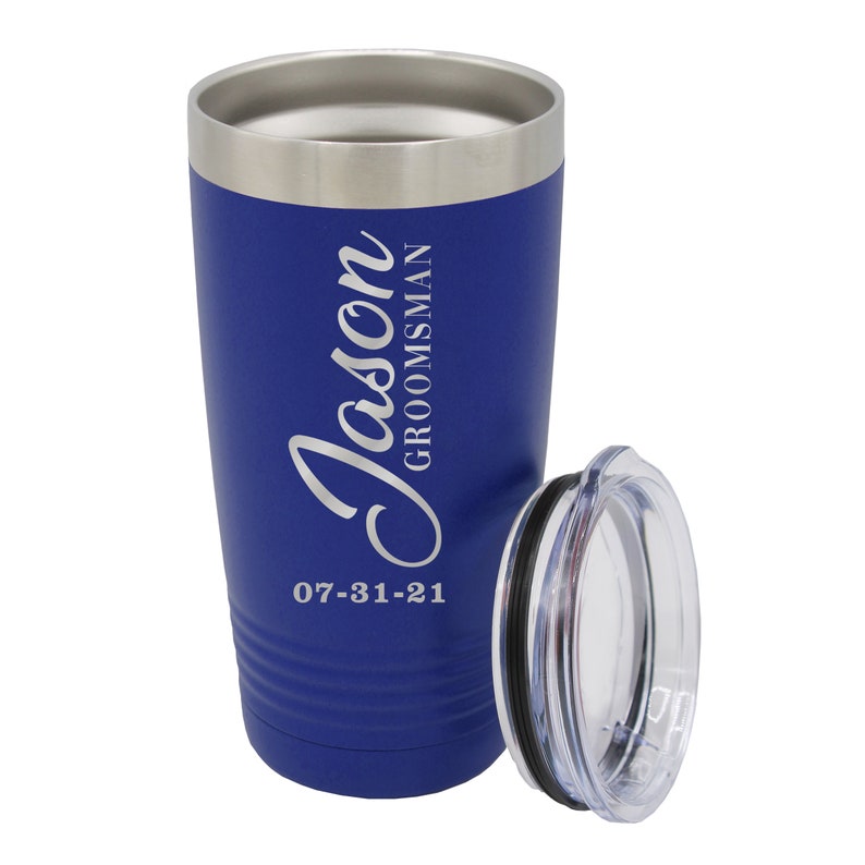 May include: A blue stainless steel tumbler with a lid. The tumbler has the name "Jason Groomman" and the date "07-31-21" engraved on it.