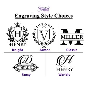 May include: Engraving style choices for personalized gifts.  The image shows six different styles: Knight, Armor, Classic, Fancy, and Worldly.  Each style features a different design for a monogram.
