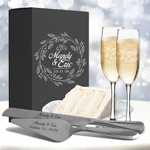 Personalized Wedding Flute and Cake Serving Set, Custom Engraved Flute and Cake Cutting Set, Toasting Flutes and Cake Server Sets