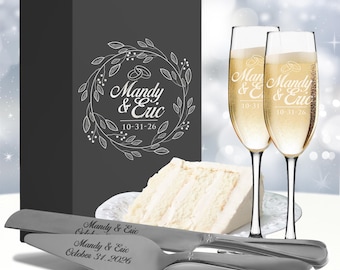Personalized Wedding Flute and Cake Serving Set, Custom Engraved Flute and Cake Cutting Set, Toasting Flutes and Cake Server Sets