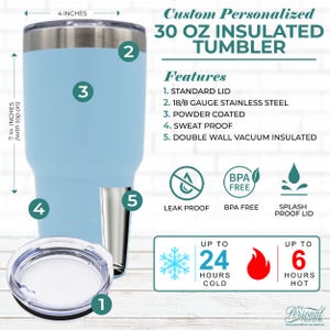 Pode incluir: Um copo t&eacute;rmico isolado azul claro de 30 oz com borda e tampa prateadas. O copo tem 19,69 cm de altura e 10,16 cm de largura. Inclui tampa padr&atilde;o, a&ccedil;o inoxid&aacute;vel, revestimento em p&oacute; e &agrave; prova de suor. Mant&eacute;m as bebidas frias por at&eacute; 24 horas.