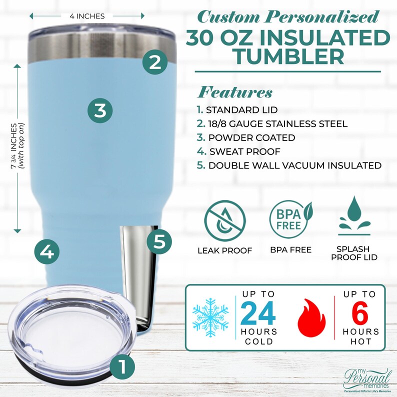 Pode incluir: Um copo t&eacute;rmico isolado azul claro de 30 oz com borda e tampa prateadas. O copo tem 19,69 cm de altura e 10,16 cm de largura. Inclui tampa padr&atilde;o, a&ccedil;o inoxid&aacute;vel, revestimento em p&oacute; e &agrave; prova de suor. Mant&eacute;m as bebidas frias por at&eacute; 24 horas.
