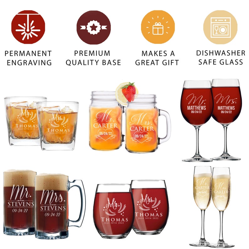 Mr and Mrs Personalized Champagne Flutes, Wedding Toasting Glasses, His Her Engraved Wine Glasses, Mr and Mrs Couples Glasses, Set of 2 image 2