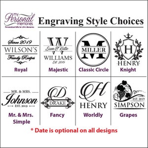 May include: A black and white chart titled Engraving Style Choices displaying eight distinct font and graphic layout options including Royal, Majestic, Classic Circle, Knight, Mr. & Mrs. Simple, Fancy, Worldly, and Grapes. Text states Date is optional.