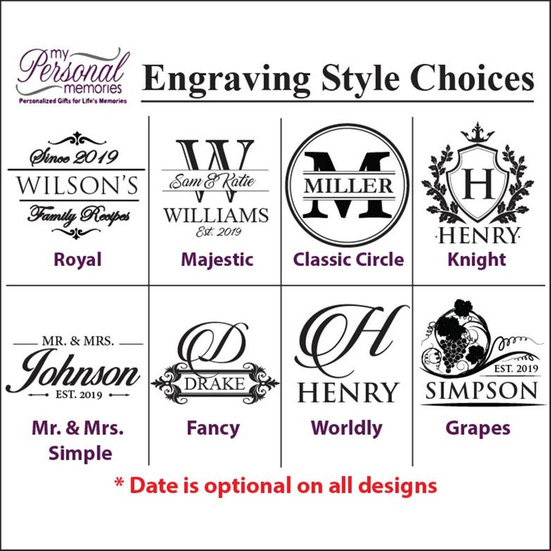 May include: A black and white chart titled Engraving Style Choices displaying eight distinct font and graphic layout options including Royal, Majestic, Classic Circle, Knight, Mr. & Mrs. Simple, Fancy, Worldly, and Grapes. Text states Date is optional.