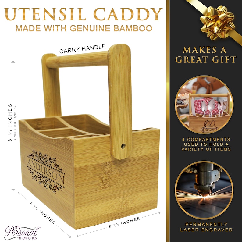 Może przedstawiać: Spersonalizowany bambusowy pojemnik na sztućce z uchwytem do przenoszenia. Posiada cztery przegrody i ma wymiary 21 cm x 14 cm. Pojemnik jest grawerowany laserowo z imieniem "Anderson" i tekstem "Stanowi świetny prezent".