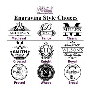 May include: A grid of nine black and white engraving style choices labeled Medieval, Fancy, Classic, Crossed, Knight, Royal, Pretzel, Wheat, and Bread. Each section displays a unique monogram or text design with names like Anderson, Drake, Miller, Smith, Henry, Wilson's, Parker, and Barker's.
