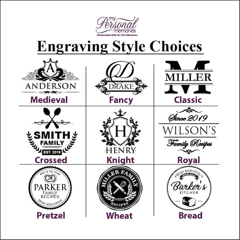 May include: A grid of nine black and white engraving style choices labeled Medieval, Fancy, Classic, Crossed, Knight, Royal, Pretzel, Wheat, and Bread. Each section displays a unique monogram or text design with names like Anderson, Drake, Miller, Smith, Henry, Wilson's, Parker, and Barker's.