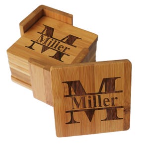 Set of 6 Personalized Coasters, Personalized Wedding Gift, Bamboo Coasters, Wood Coasters, Wedding Gifts for Couple, Drink Coasters