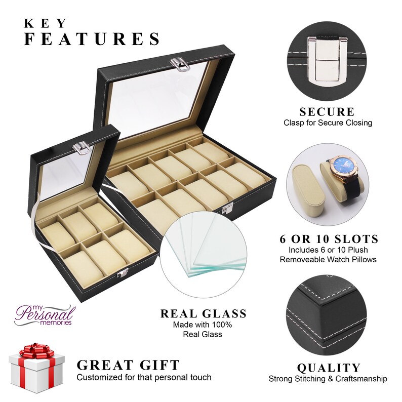 May include: Black watch display case with a clear glass top and beige interior. The case has 6 or 10 slots with removable watch pillows. Features include a secure clasp and real glass construction.