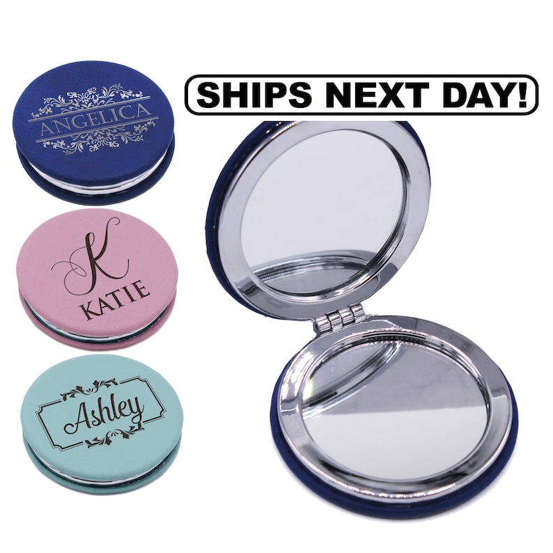 Personalized Compact Mirror, Custom Travel Compact Mirror, Engraved Pocket Mirror with Double Sided Magnification Hand Mirror image 1
