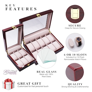 May include: A dark wood watch display case with a clear glass lid and a beige interior. The box features a gold-tone metal clasp, removable plush watch pillows, and internal compartments for six or ten watches. Text includes KEY FEATURES.