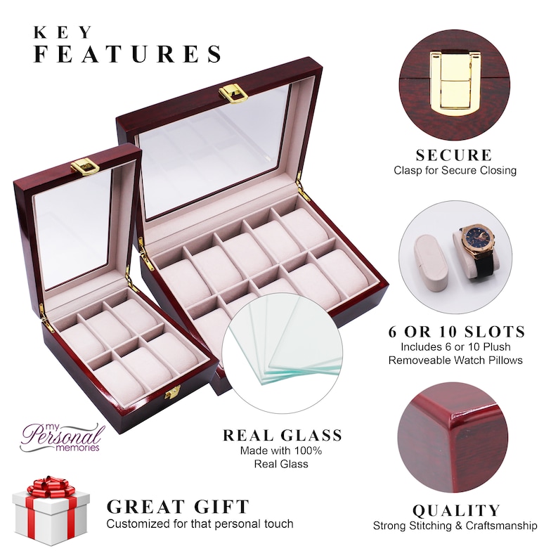 May include: A dark wood watch display case with a clear glass lid and a beige interior. The box features a gold-tone metal clasp, removable plush watch pillows, and internal compartments for six or ten watches. Text includes KEY FEATURES.