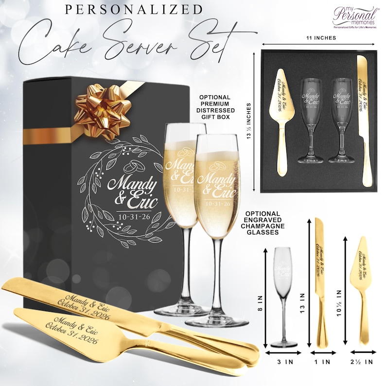 Personalized Wedding Flute and Cake Serving Set, Custom Engraved Flute and Cake Cutting Set, Toasting Flutes and Cake Server Sets image 3