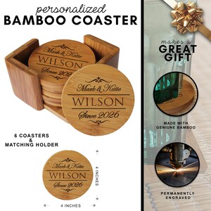 May include: A set of six round bamboo coasters with a matching wooden holder. Each coaster is 4 inches in diameter and features laser-engraved text reading Mark & Katie, WILSON, and Since 2026, with decorative flourishes above and below the names.