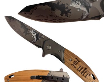 Fishing Gift for Man, Hunting Gift for Dad, Customized Pocket Knife, Custom Fishing Gift for Dad, Wood Pocket Knife with Clip