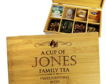 Engraved Tea Chest, Tea Caddy, Personalized Tea Storage Box, Tea Bag Organizer, Wooden Tea Box, Gifts For Her Gifts For Family Gifts For Mom