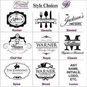 Pu&ograve; includere: Una griglia di nove opzioni di design grafico in bianco e nero per etichette di ricette di famiglia. Gli stili includono Roman, Utensils, Slanted, Chef Hat, Royal, Classic, Spice, Bread e Custom, con tipografie e icone distintive.