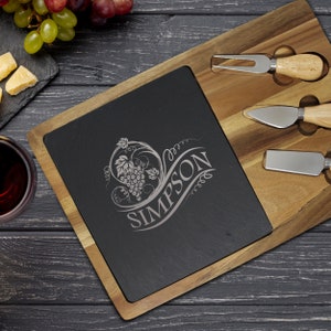 Personalized Acacia and Slate Cheese Serving Board, Custom Charcuterie Serving Board for Cheese, Meats - Cheese Tools Included