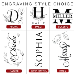 Puede incluir: Un gr&aacute;fico que muestra nueve estilos de grabado diferentes para regalos personalizados. Los estilos incluyen Flora, Palm, Classic, Nature, Block Vertical y Rose. Cada estilo se muestra con un nombre de muestra o texto.
