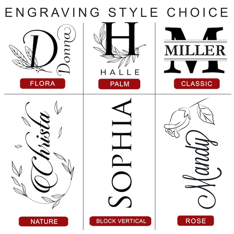 Puede incluir: Un gr&aacute;fico que muestra nueve estilos de grabado diferentes para regalos personalizados. Los estilos incluyen Flora, Palm, Classic, Nature, Block Vertical y Rose. Cada estilo se muestra con un nombre de muestra o texto.
